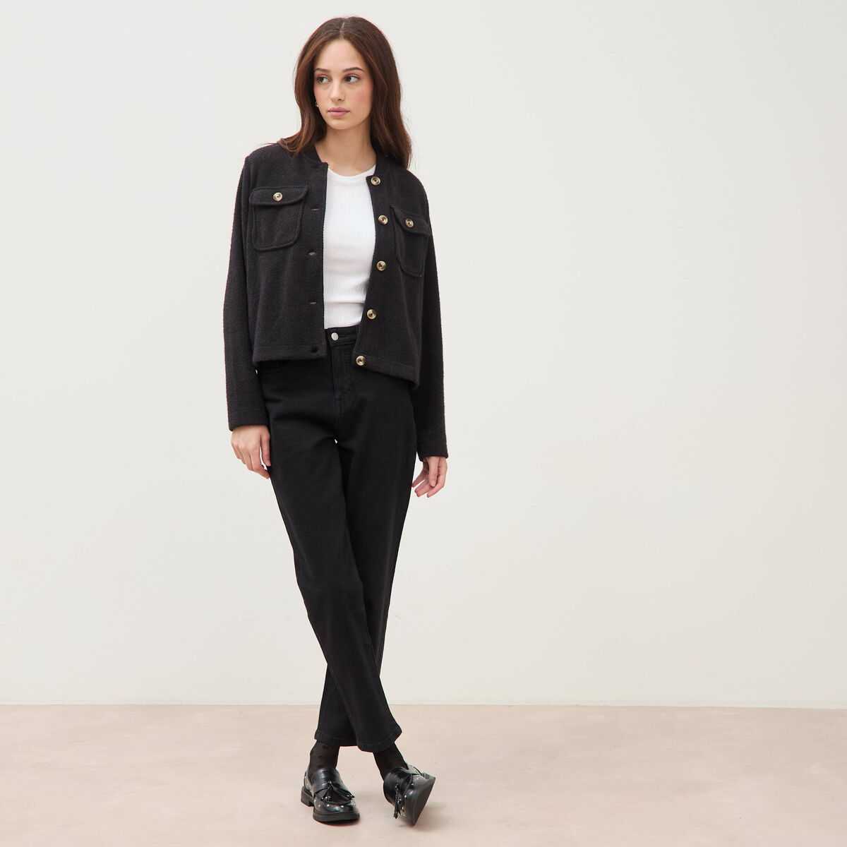 Jeans mom 7/8&egrave;me denim noir femme
