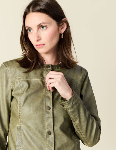Blouson simili cuir vert kaki femme