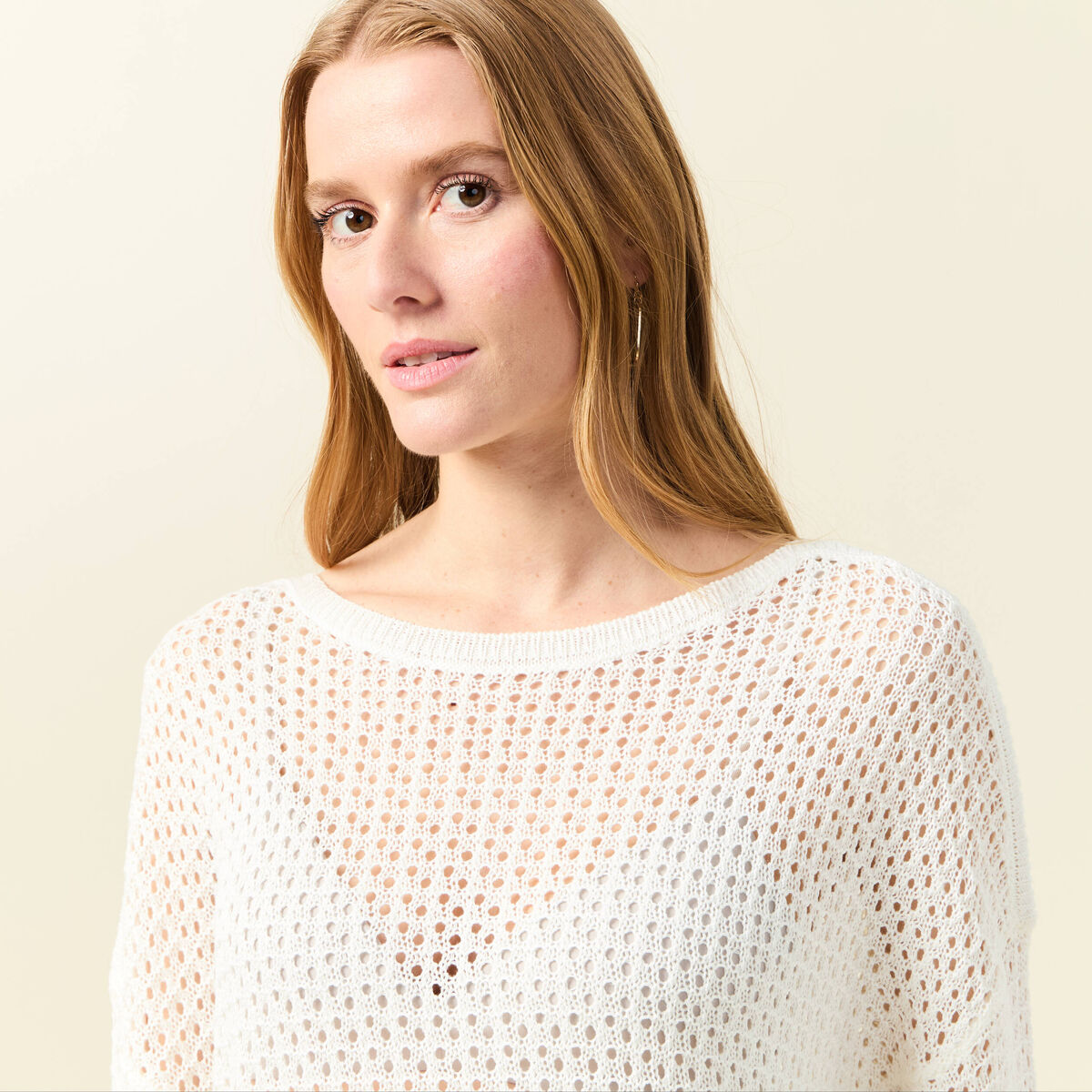 Pull manches longues ajouré ecru femme