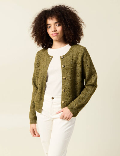 Gilet manches longues col rond vert kaki femme