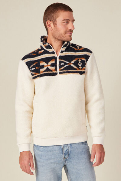 Sweat col camionneur zippé ecru homme