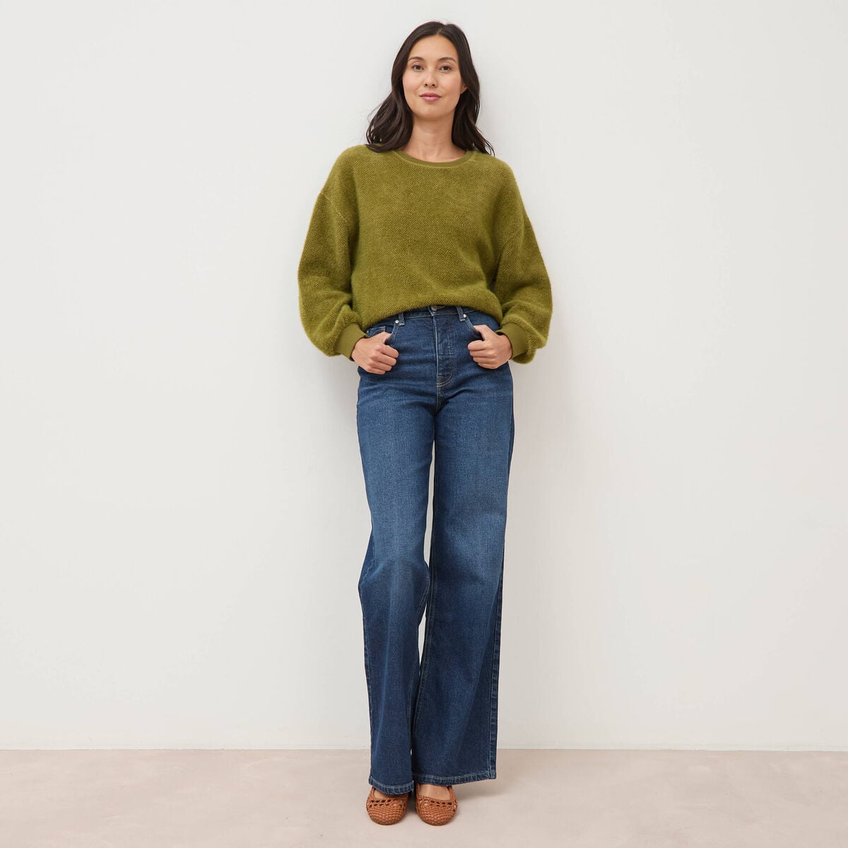 Jeans large taille haute denim brut femme
