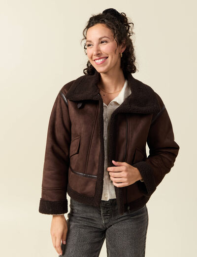 Bombardier court droit similicuir marron femme