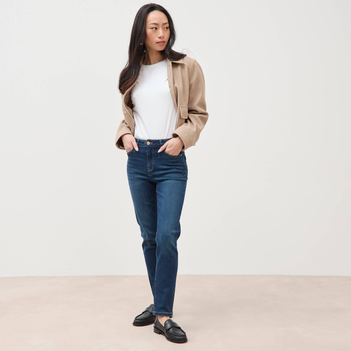 Jeans slim taille haute 7/8&egrave;me denim brut femme