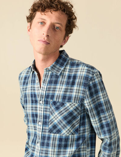 Chemise droite courte en coton bleu fonc&eacute; homme