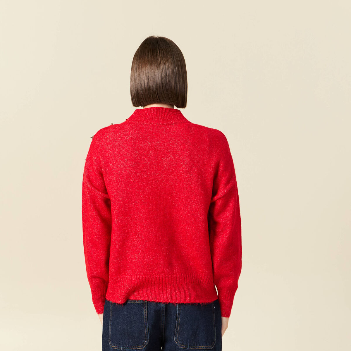 Pull col montant manches longues rouge femme