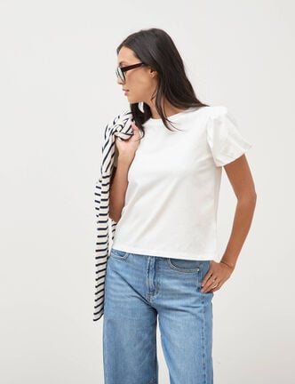 T-shirt effet boule manches courtes ecru femme