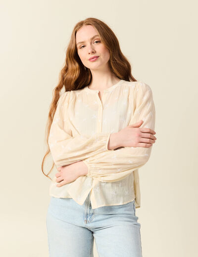Blouse manches longues brodée creme femme