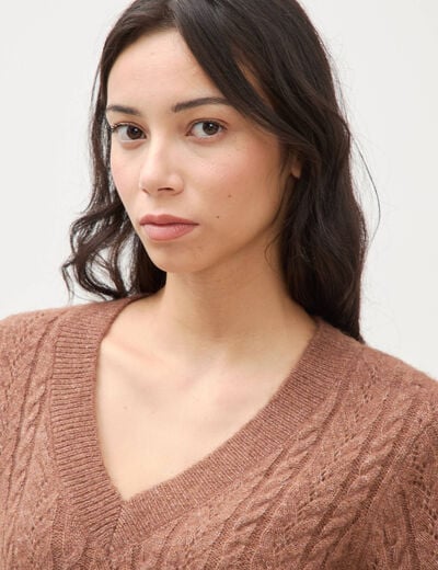 Pull droit col v manches longues marron clair femme