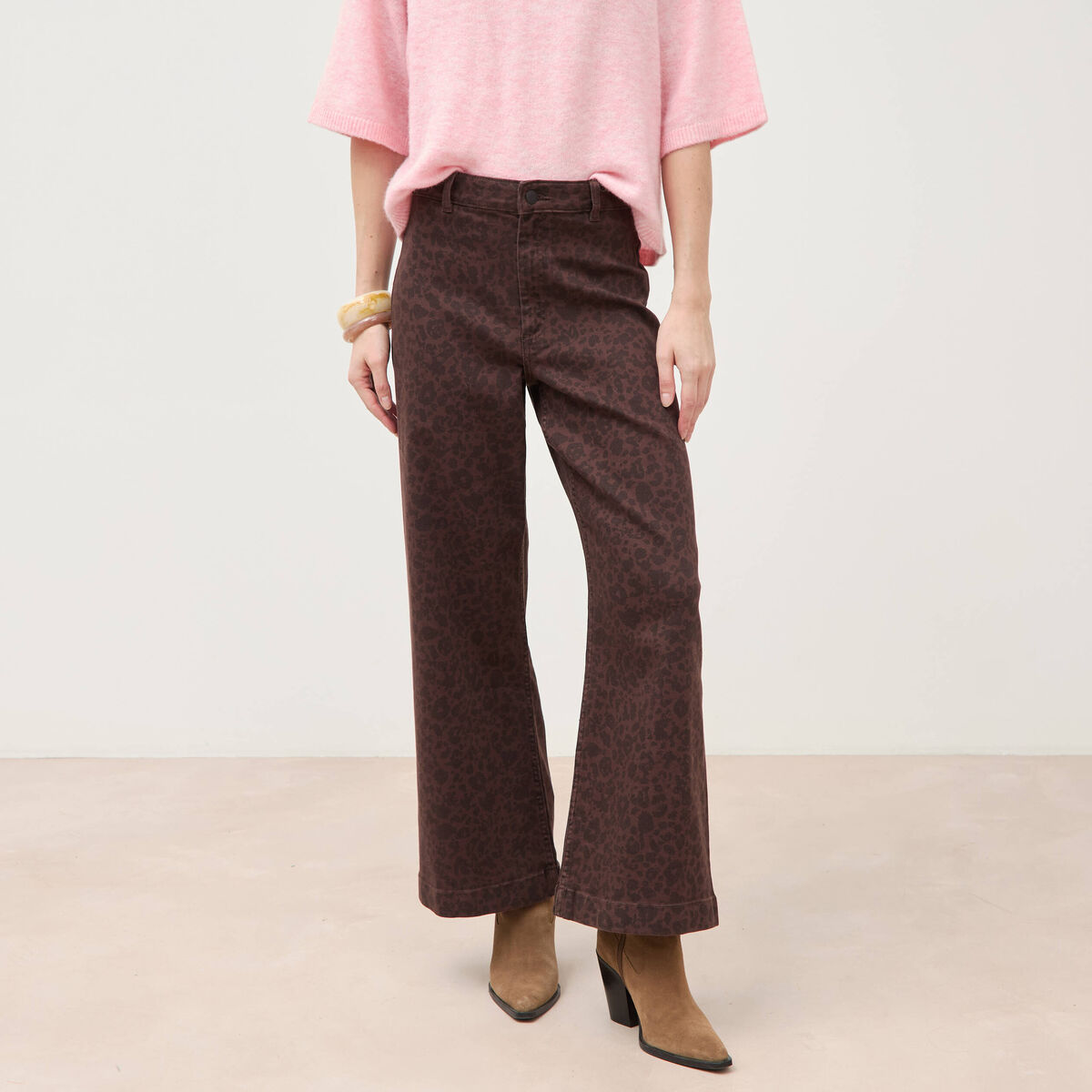 Jeans large cropped taille haute marron chocolat femme