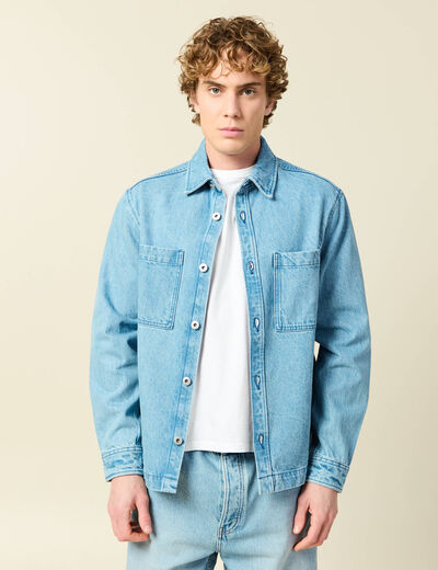 Surchemise en jeans coton coupe droite denim bleach homme