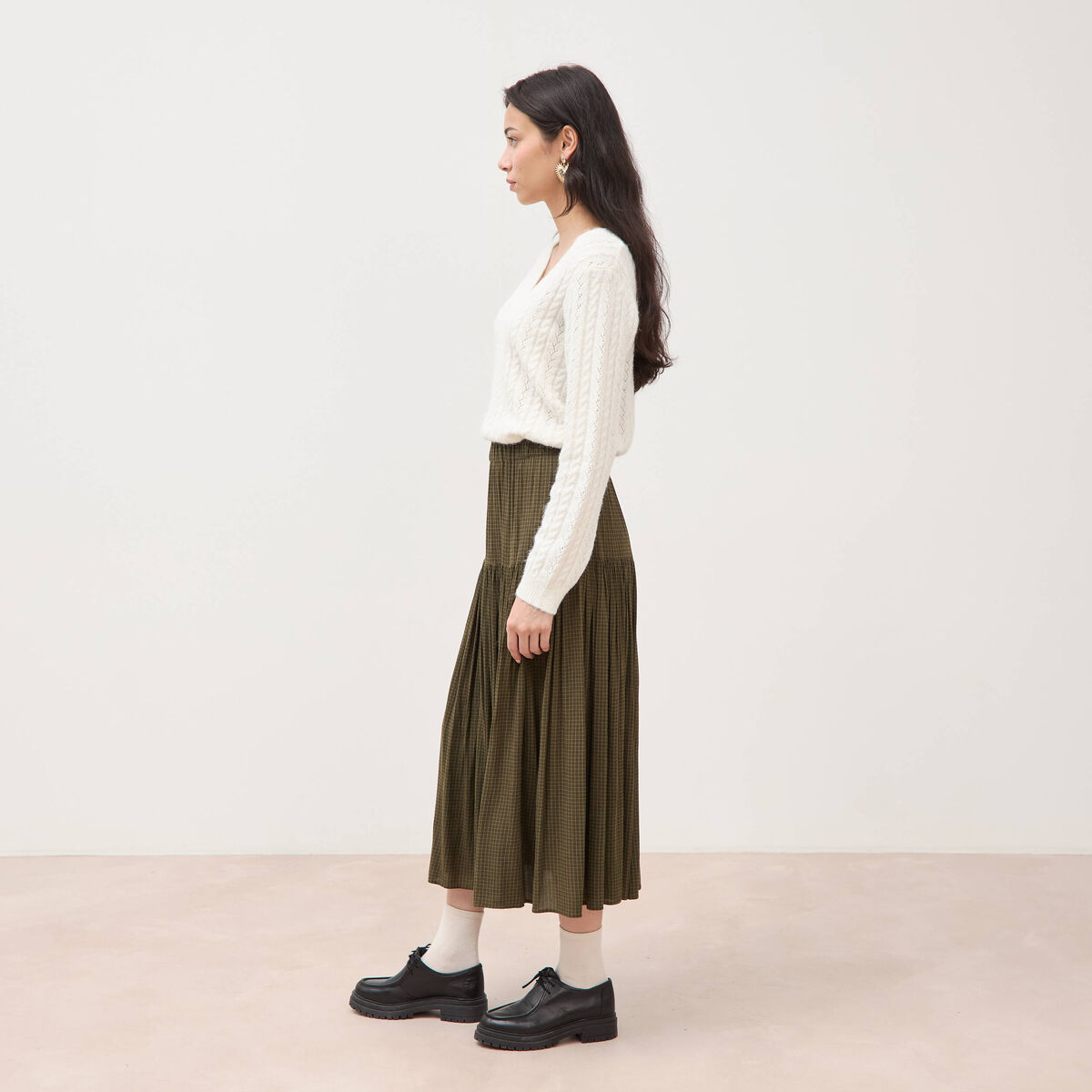Jupe longue &eacute;vas&eacute;e taille haute vert kaki femme