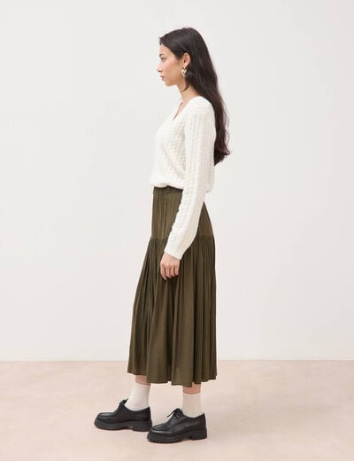 Jupe longue &eacute;vas&eacute;e taille haute vert kaki femme