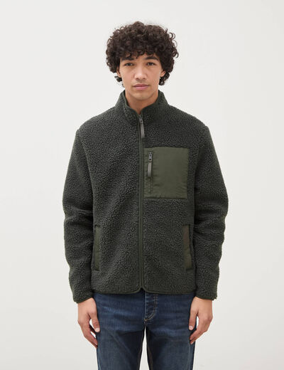 Veste droite sherpa col montant vert kaki homme