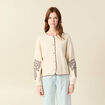 Cardigan droit court col rond brod&eacute; ivoire femme