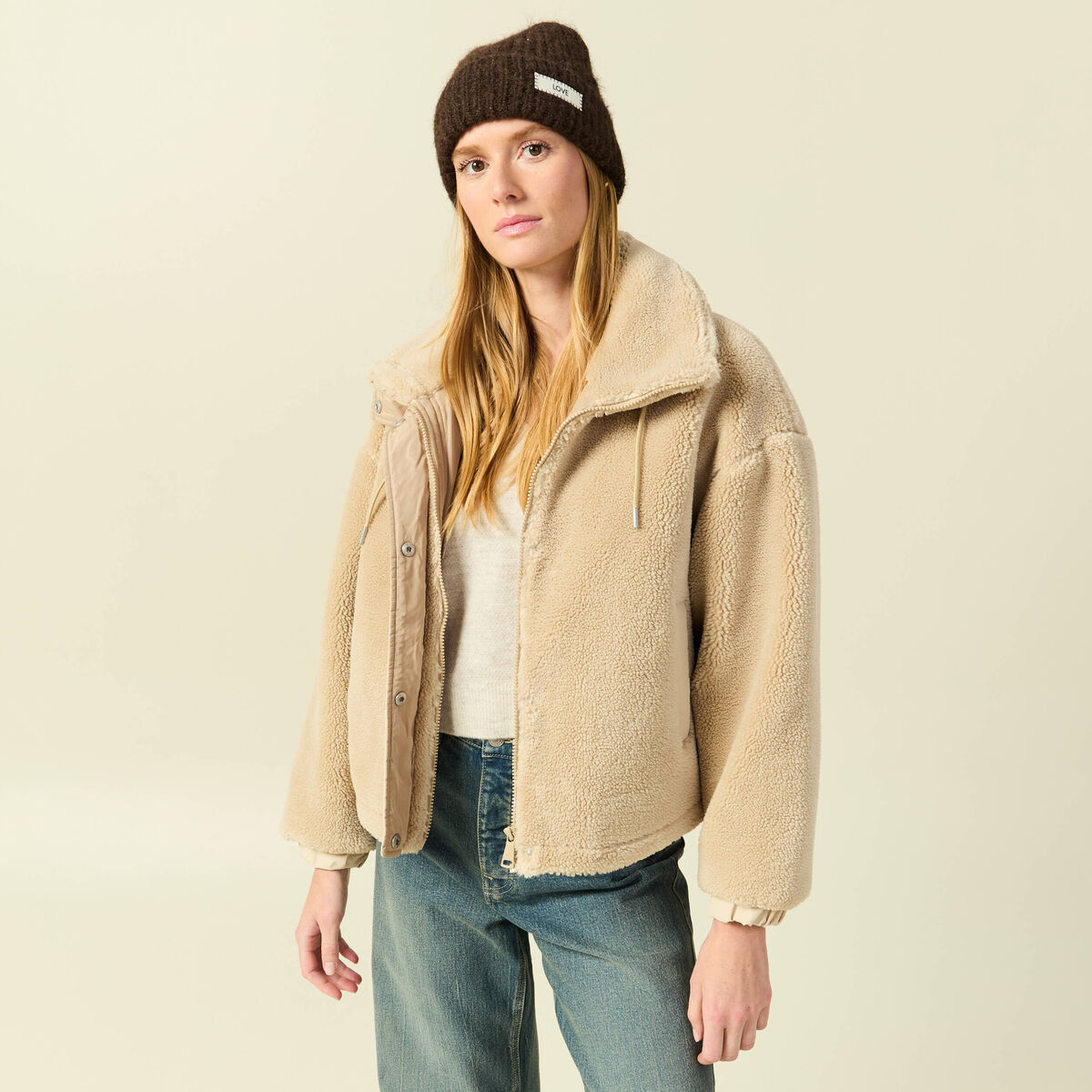 Veste oversize effet polaire col montant creme femme