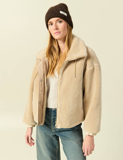 Veste oversize effet polaire col montant creme femme