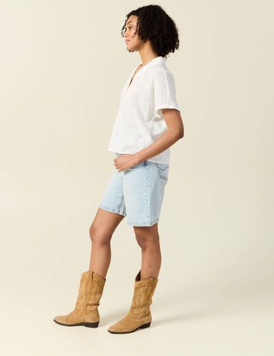 Chemise manches courtes brodée ecru femme