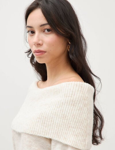 Pull droit manches longues bardot ecru femme
