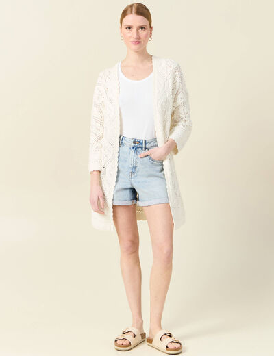 Gilet manches 3/4 ajouré ecru femme