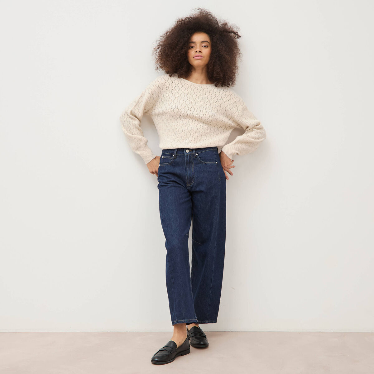Jeans barrel taille haute broderie denim brut clean femme