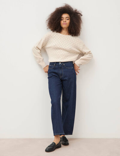 Jeans barrel taille haute broderie denim brut clean femme