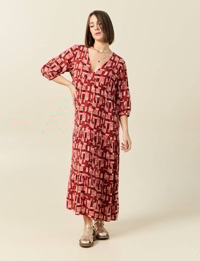 Robe longue droite fluide rouge foncé femme