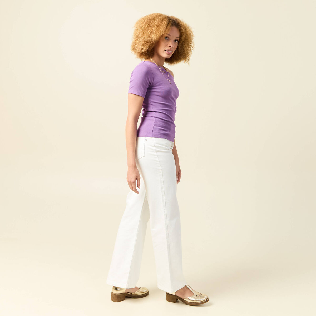 T-shirt asym&eacute;trique manches courtes violet femme