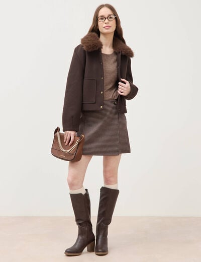 Pull col rond manches longues marron femme