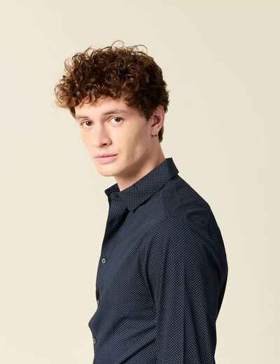 Chemise cintr&eacute;e en coton manches longues bleu marine homme