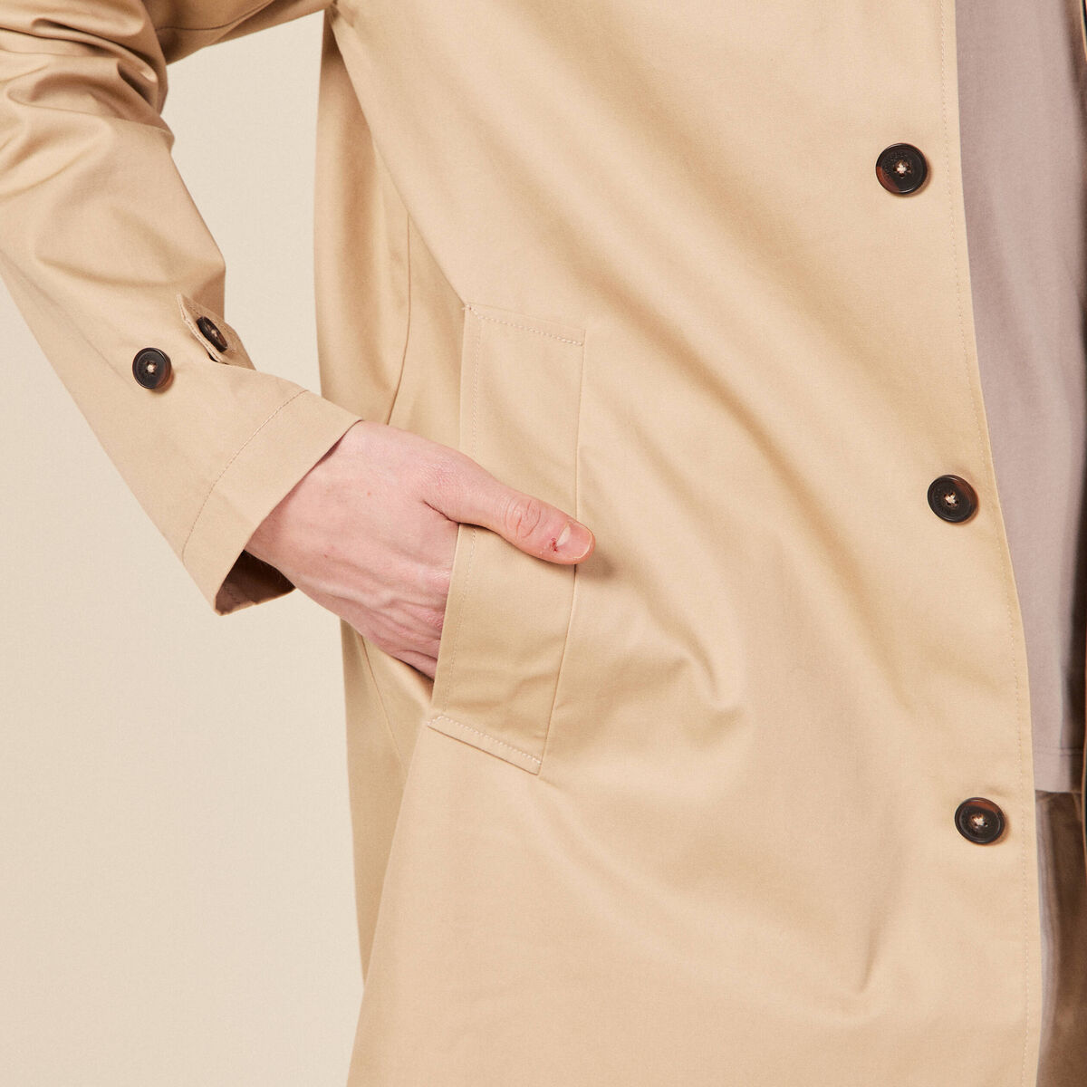 Blouson droit long en coton doubl&eacute; beige homme