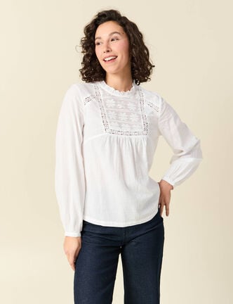 Chemise col montant manches longues ecru femme