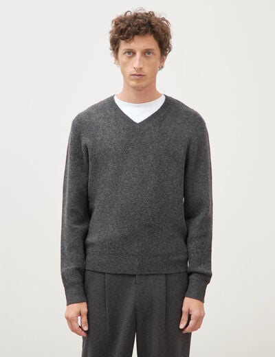 Pull col v manches longues gris fonc&eacute; homme