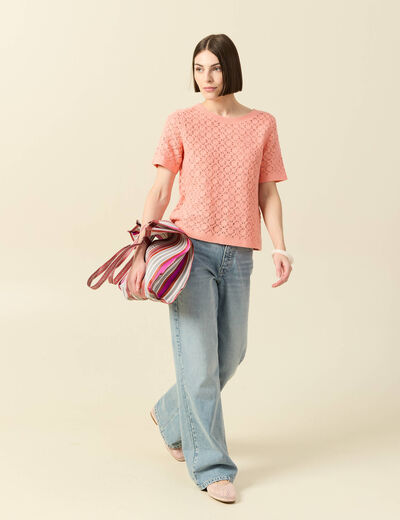 T-shirt ajour&eacute; col rond manches courtes rose saumon femme