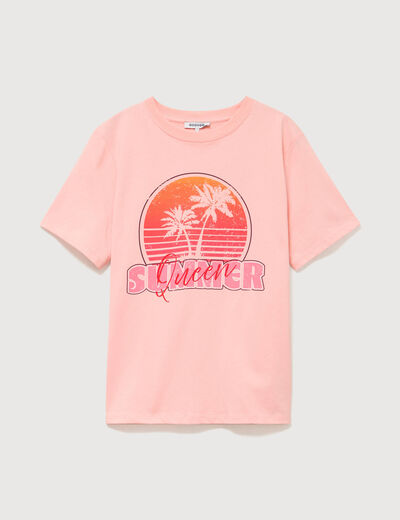 T-shirt droit col rond manches courtes rose saumon femme