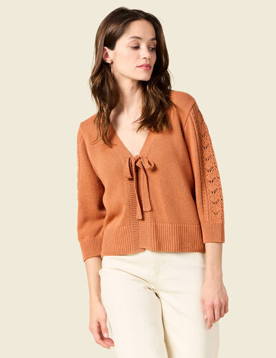 Kimono ajour&eacute; col v manches 3/4 rouge fonc&eacute; femme