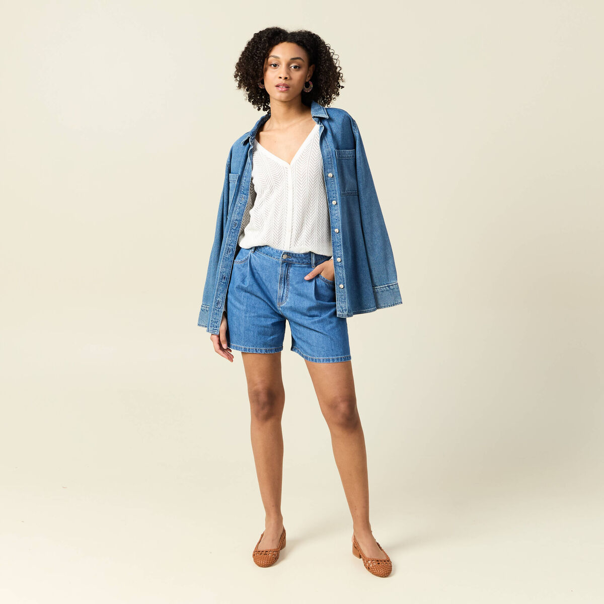 Short droit en jean à pinces denim baby bleu femme