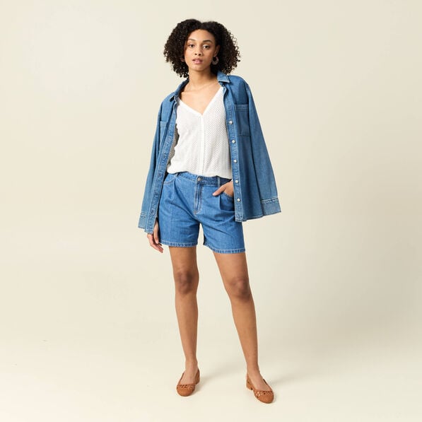 short droit en jean a pinces denim baby bleu femme Short droit en jean à pinces denim baby bleu femme