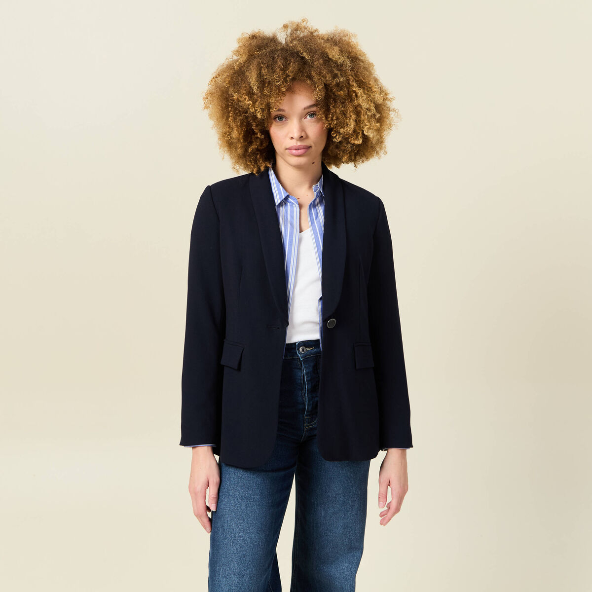 Veste blazer col châle bleu marine femme