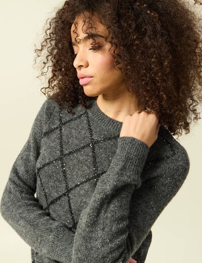 Pull manches longues &agrave; sequins gris fonc&eacute; femme