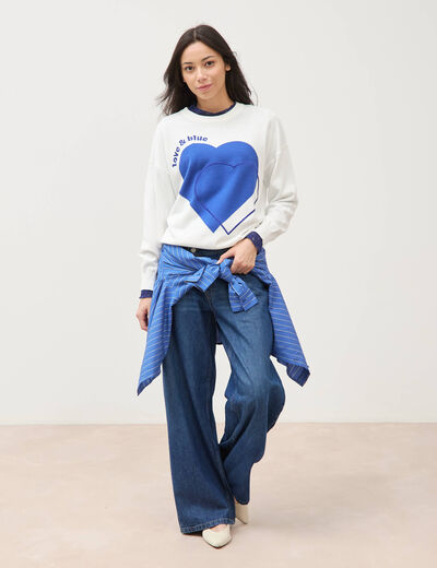 Pull oversize col rond manches longues ecru femme
