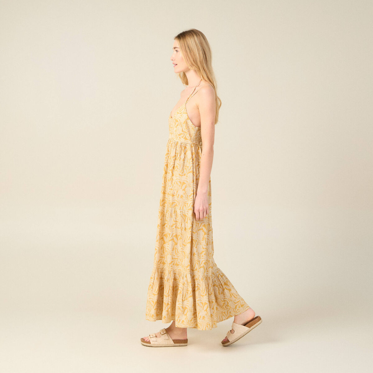 Robe longue évasée bretelles jaune femme