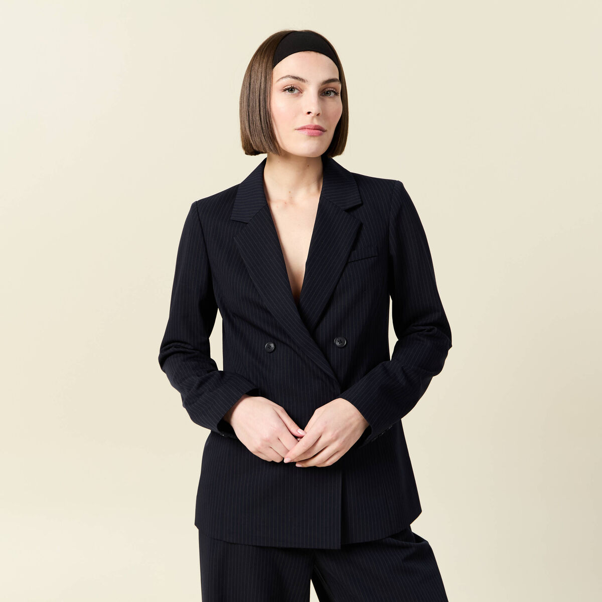 Blazer manches longues col tailleur bleu marine femme