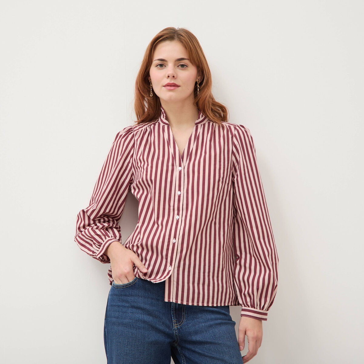Chemise droite manches longues rouge fonc&eacute; femme