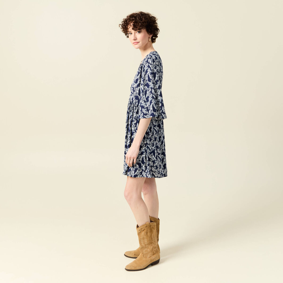 Robe évasée manches 3/4 bleu marine femme