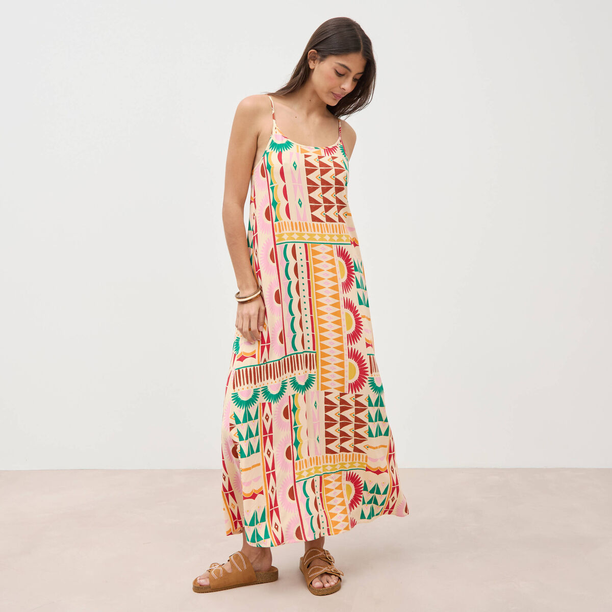 Robe longue fines bretelles col rond multicolore femme
