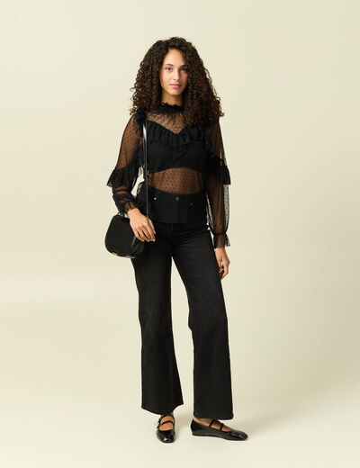Blouse transparente manches longues noir femme