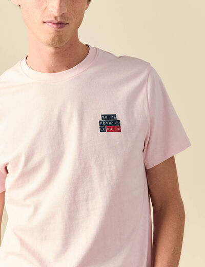 T-shirt en coton manches courtes rose poudr&eacute;e homme