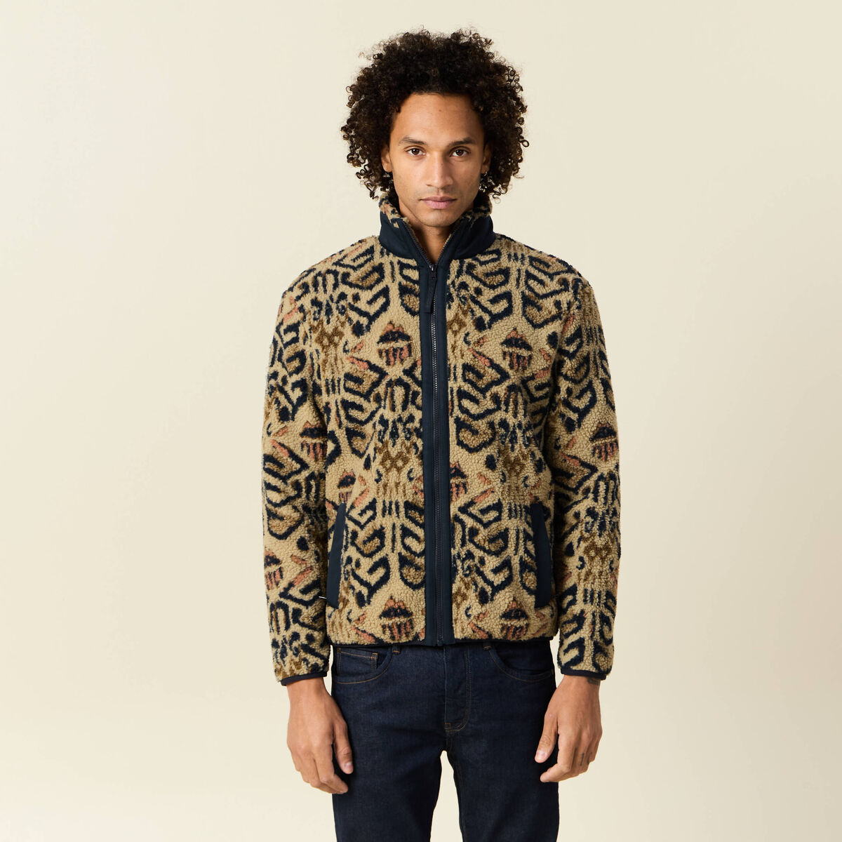 Gilet manches longues zippé sherpa beige homme
