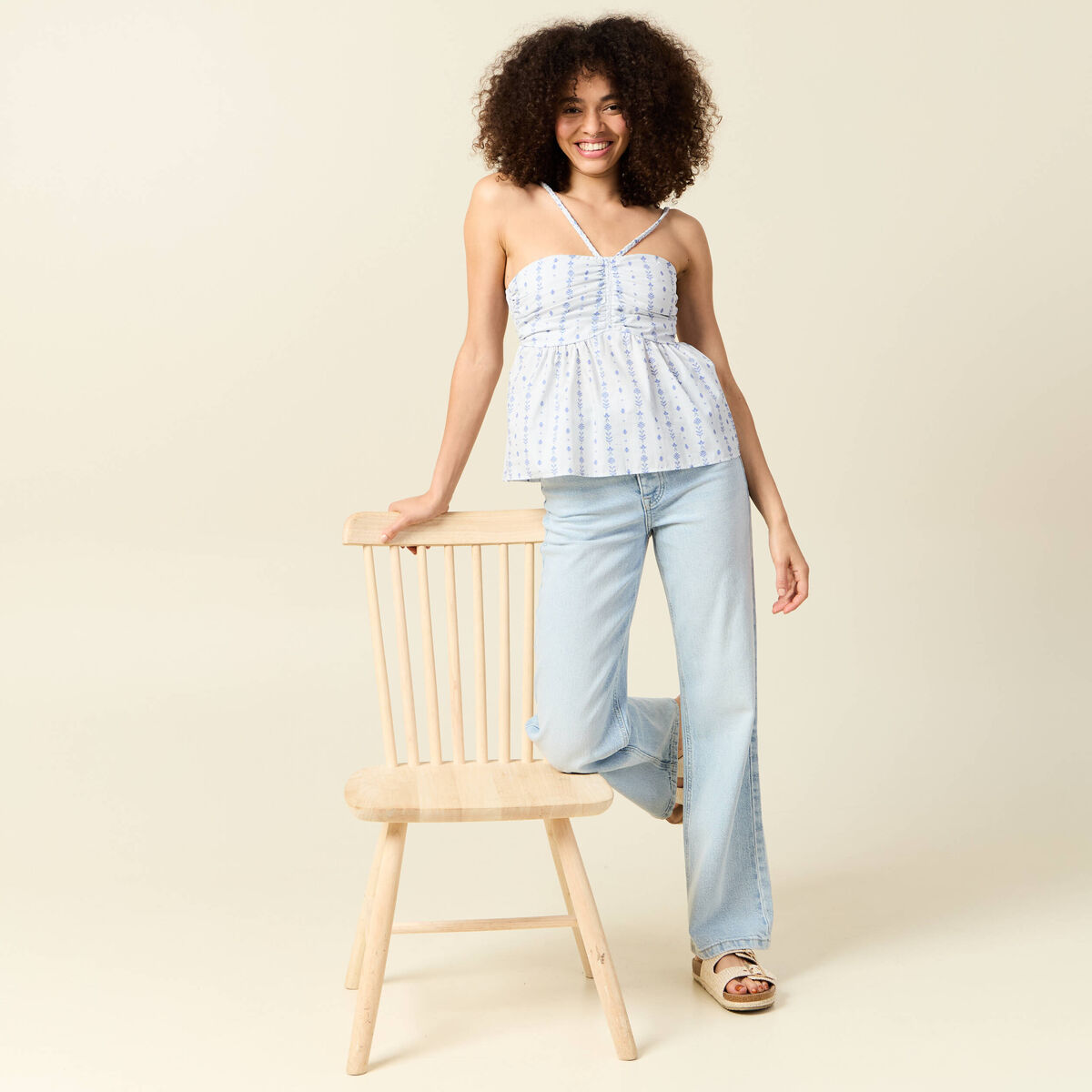 Top col droit &agrave; bretelles en coton bleu clair femme